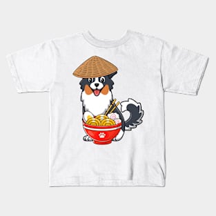 Funny collie dog is eating noodles Kids T-Shirt